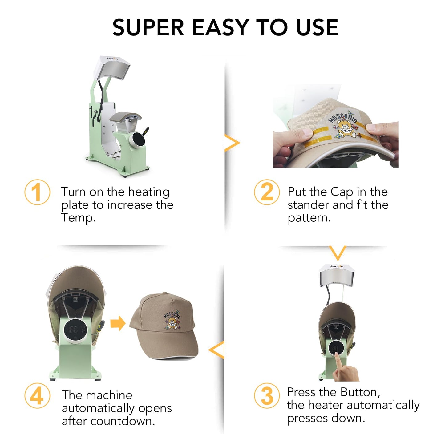 Giraffe Auto Hat Heat Press Machine, Automatic Hat Press Heat Machine for Caps T-Shirts Bags, DIY Sublimation Hat Press Cap Press Auto Open & Release & Digital Press Knob-Style Control Panel (Green)