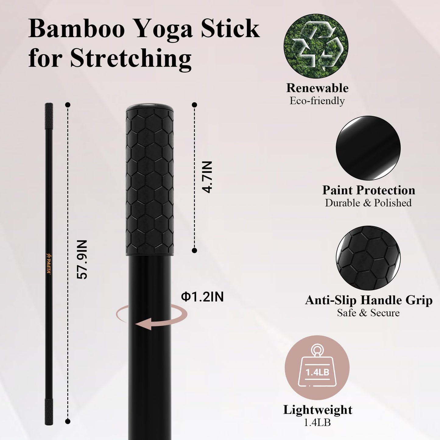 PAETA Yoga Stick for Stretching, 5ft Exercise Stick for Mobility & Flexibility, Bamboo Stretch Bar and Posture Pole with Non-Slip Grip - Includes Free Video Guide, Black