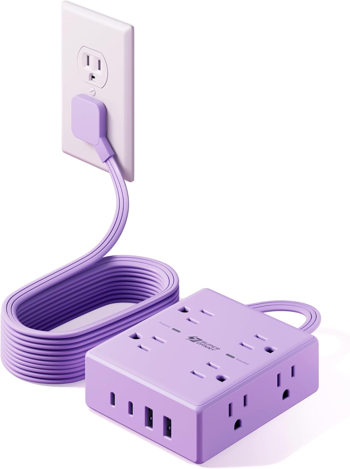 SUPERDANNY 10Ft, 8 4 (2 Purple Extension Cord Flat Plug Surge Protector Power Strip Kawaii, Outlets & USB Ports USB C)