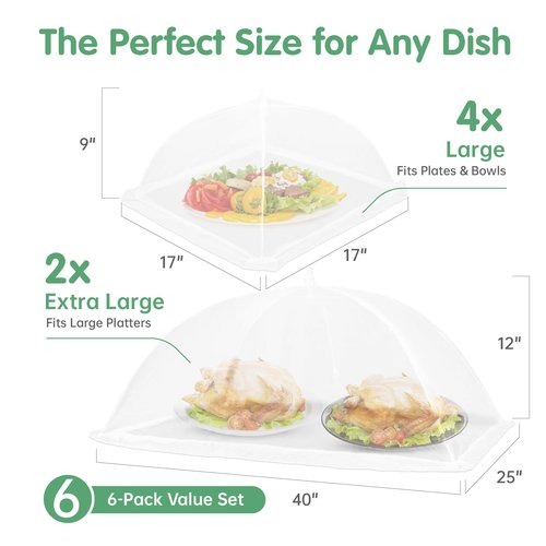 6 Pack Food Covers for Outside Mesh, 2 XL 40x25 inch + 4 L 17x17 inch Popup Foldable Outdoor Food Tents, Screen Net to Keep Bugs Flies Away for Picnic BBQ Camping Party Supplies