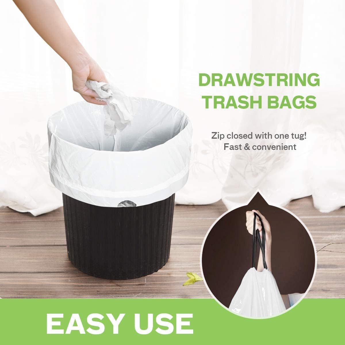 Teivio 4 Gallon Drawstring Trash Bags - 140 Count Strong Bathroom & Kitchen Bin Liners | White