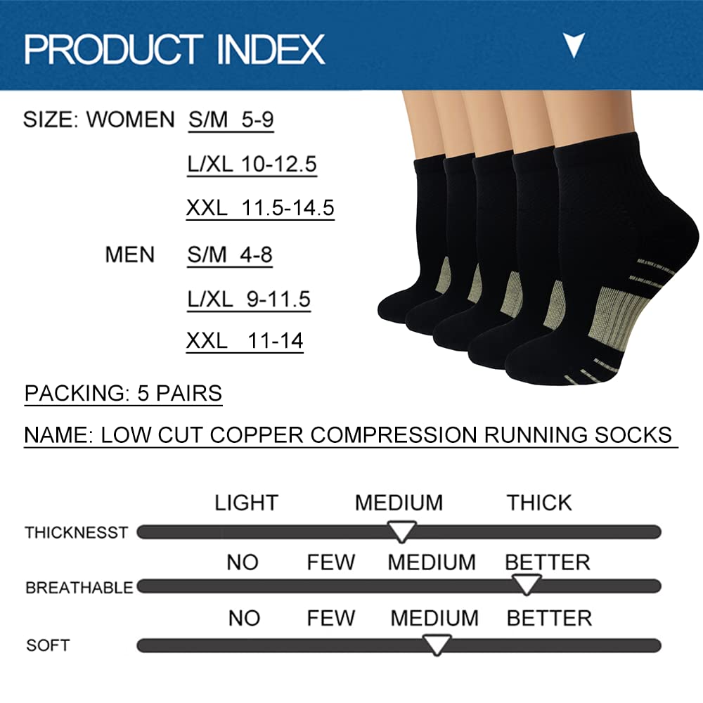 Iseasoo Copper Ankle Compression Socks - Low Cut Arch Support Socks for Men & Women, Running, Nurses, Plantar Fasciitis Socks Running Training Gym Workout Fitness Athletic Performance Wear (L/XL)
