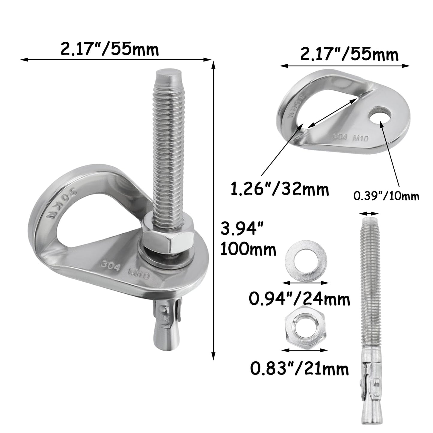 HEVSTIL 4-Pack Bolt Hanger for Climbing – 30kN Stainless Steel Rock Anchor Hanger for 10mm (3/8") Bolts for Rock Climbing, Mountaineering