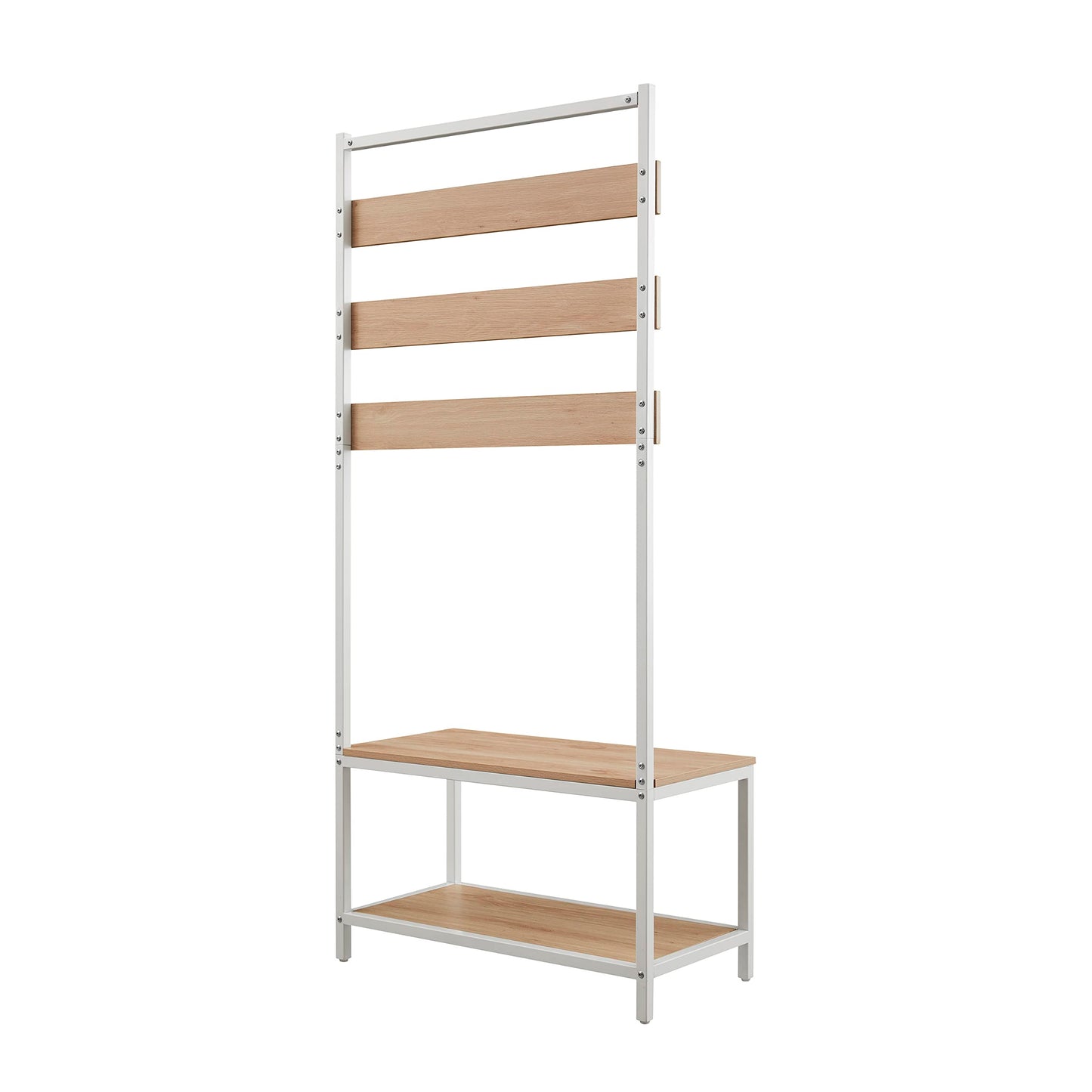 Linon Shaymus White Metal Hall Tree with Natural Wooden Topped Bench and Shelf with Multiple Hanging Hooks