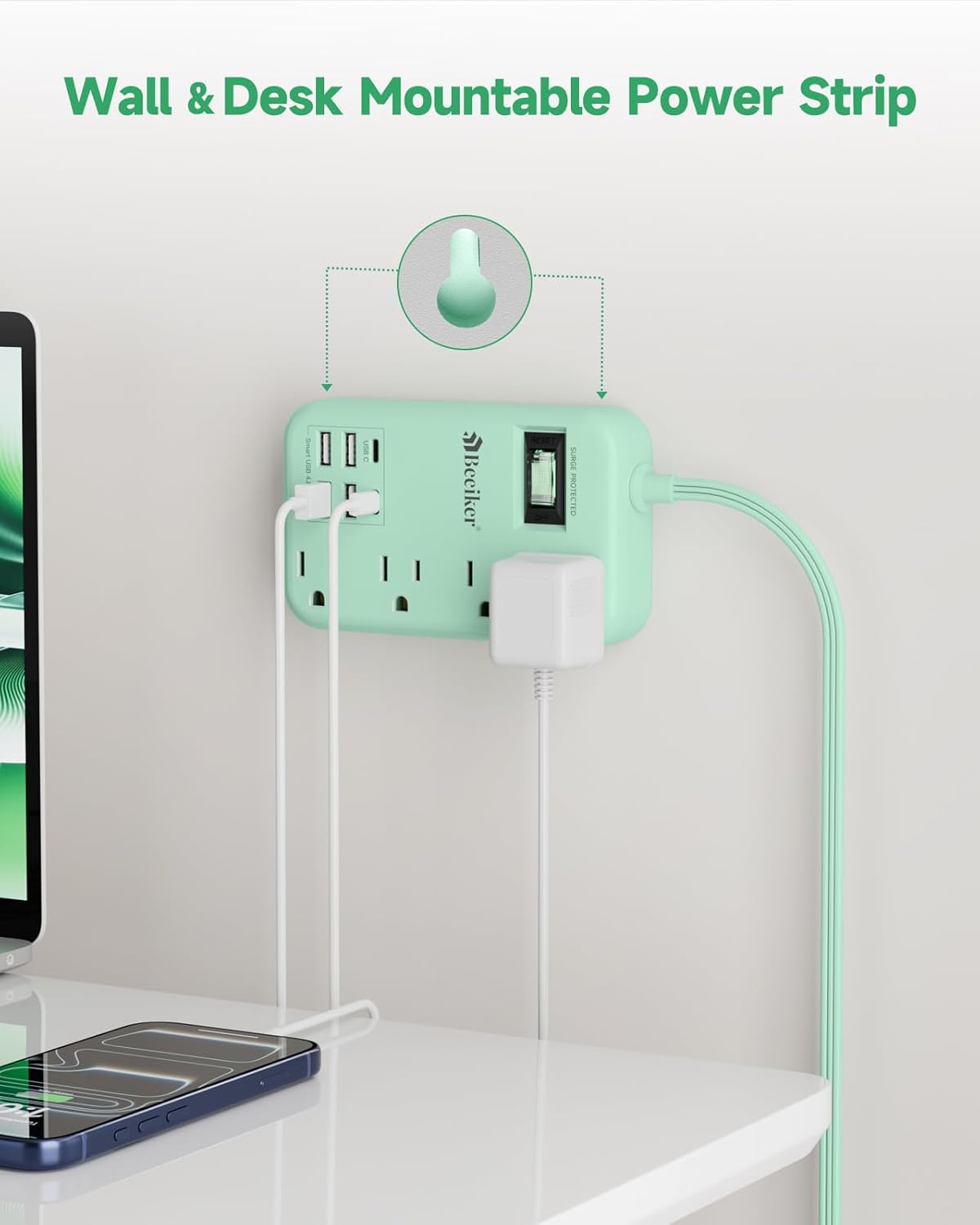 Beeiker 6 5Ft 4.8A 2 4 24W USB Green Travel Power Strip- Green Extension Cord with USB C Charging Station and Outlets