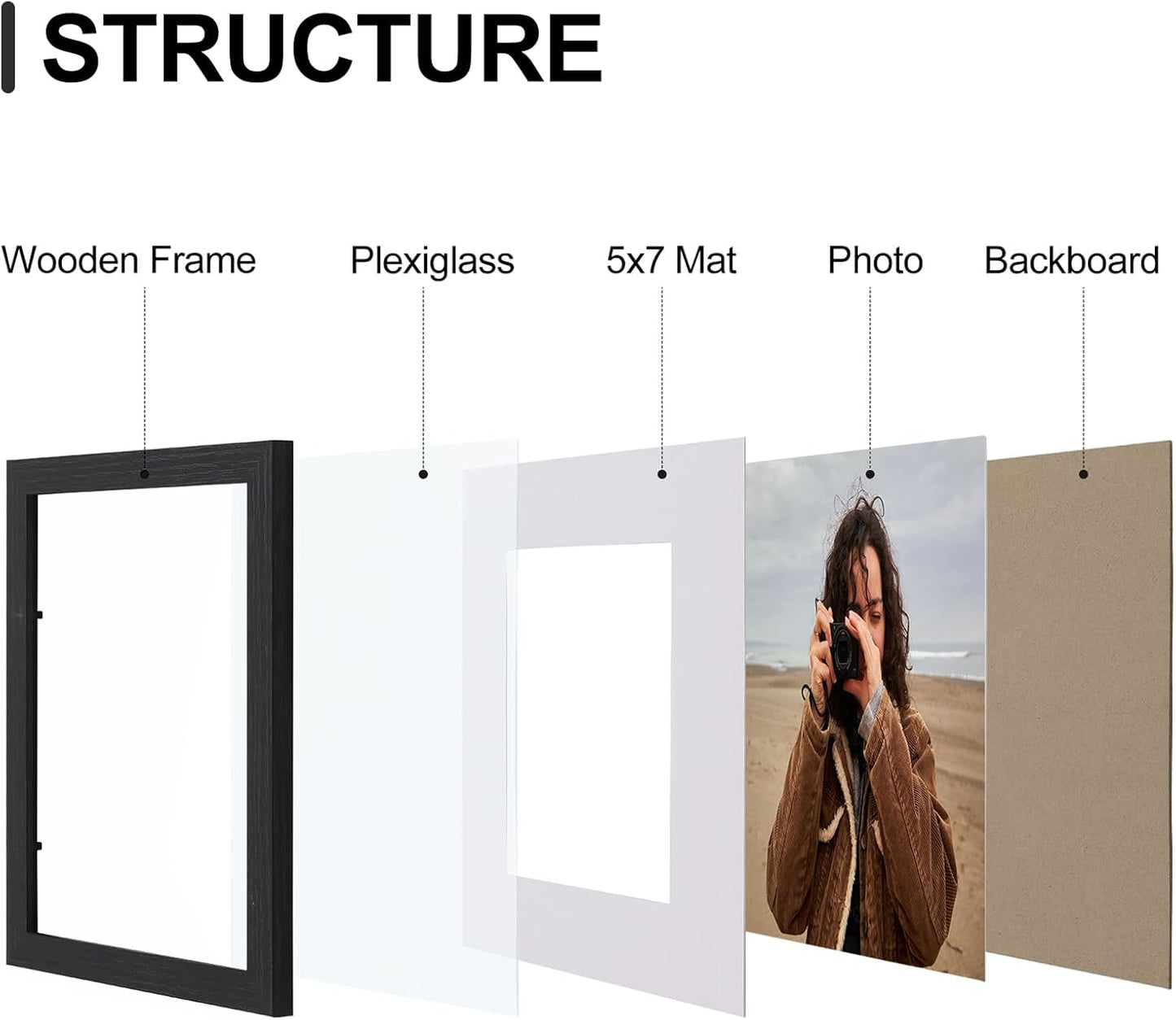 Vittanly 8x10 Picture Frames Set of 9 - Shatter Resistant Plexiglass | Display 5x7 or 8x10 Photos, Black