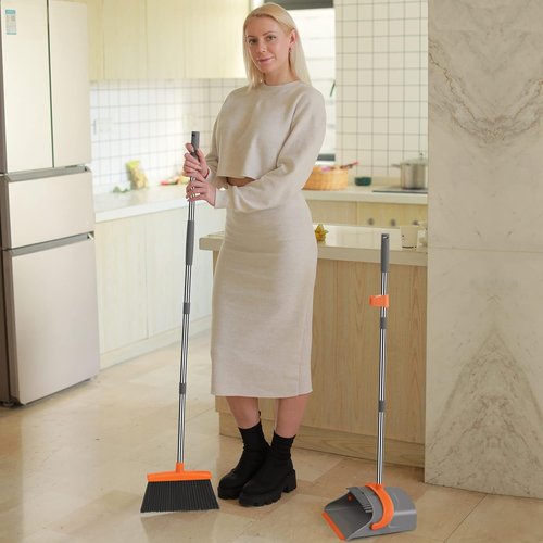 Ivandar Broom and Dustpan Set - Long Handle Combo for Home & Office | Gray & Orange Design