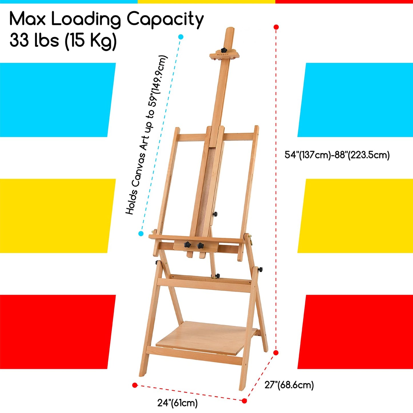 MEEDEN Large Studio Artist Easel, Adjustable Studio Painting Easel, Solid Beechwood H Frame Easel, Display Art Easel for Watercolor, Acrylic, Oil Painting, Adjusts to Max 88", Hold Canvas Up to 59"