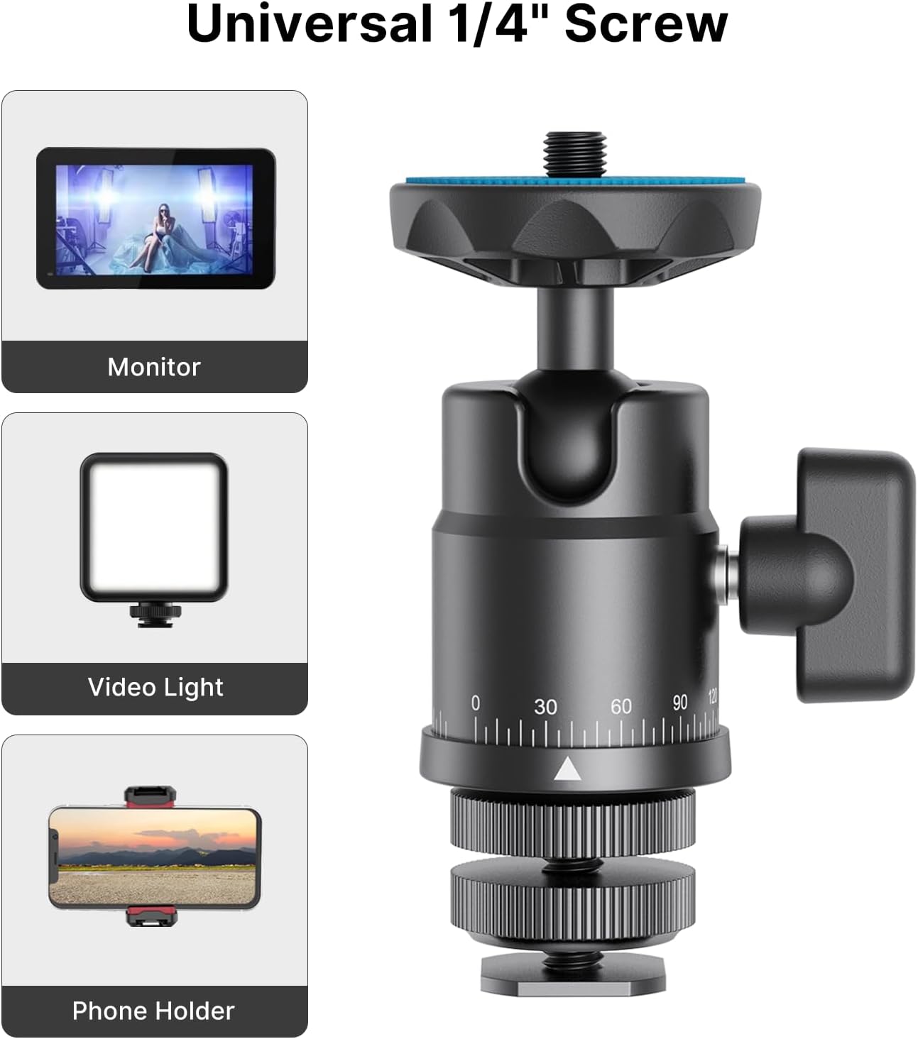 rubesee 1/4" 360 5.5lbs Mini Ball Head, Panoramic Camera Tripod Head with Screw Shoe Mount, Rotatable Metal Adapter