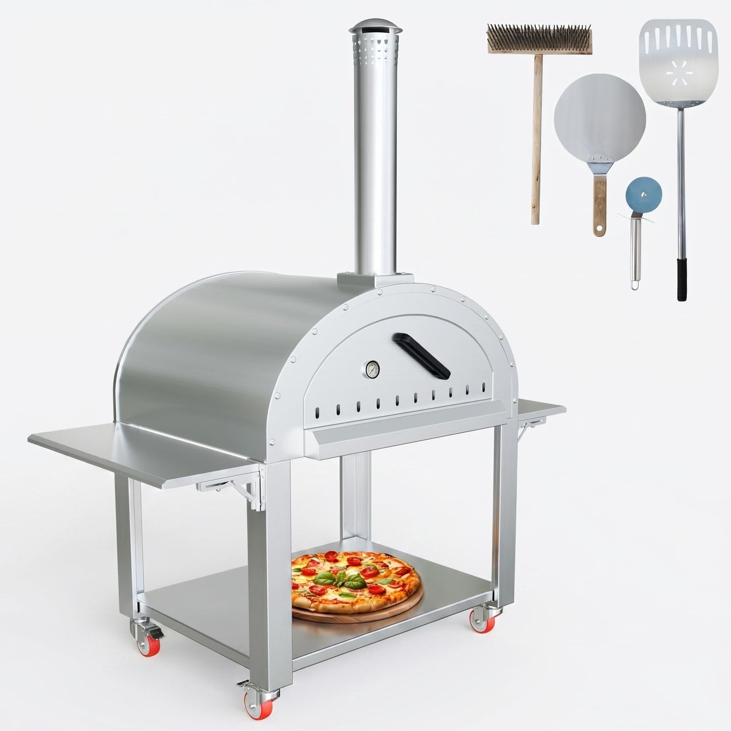 Wood Fired Pizza Oven Outdoor, 44 Inch Large Stainless Steel Wood Burning Camping Oven with Wheels & Accessories, Charcoal Outdoor Oven for Baking Roasting Grilling Searing, for Backyard Garden Patio