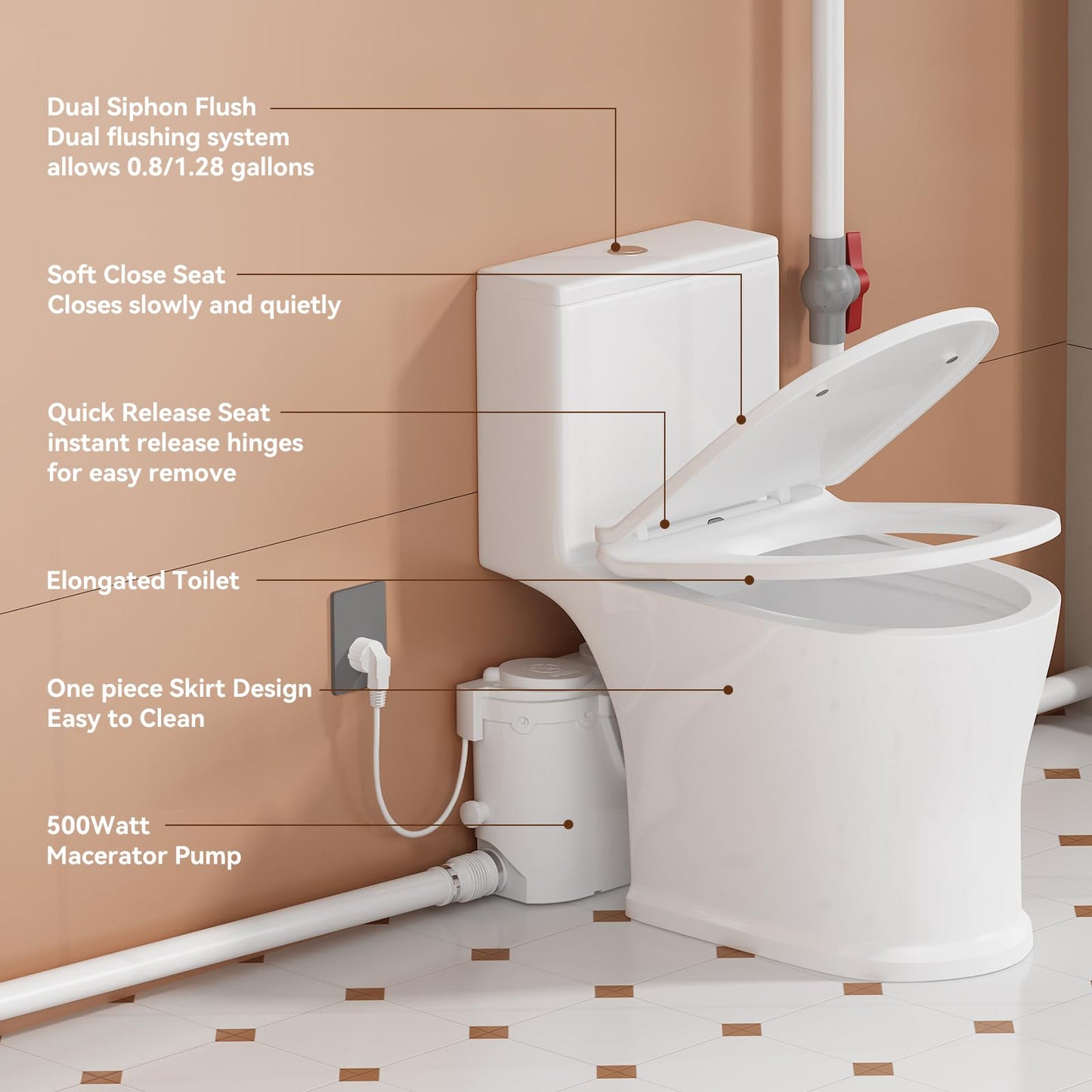 INEFLO 500MAX Upflush Toilet with Pump for Basement, 23ft Macerator Pump with 4 Inlets for Sink/Shower/Laundry Sewer Waste Water Disposal, One Piece Full Skirt Macerating Toilet, Nano-glaze Finished