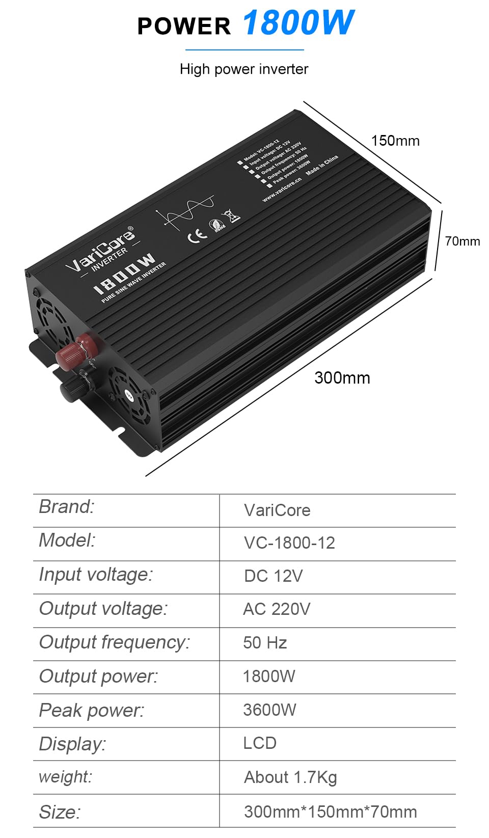 VariCore 1800W Pure Sine Wave Inverter 24VDC to AC 220V Converter for Home, RV, Truck, Camping, Off-Grid Solar Power Inverter with LCD Display Showing Real-time Status, Surge (24V-1800W)