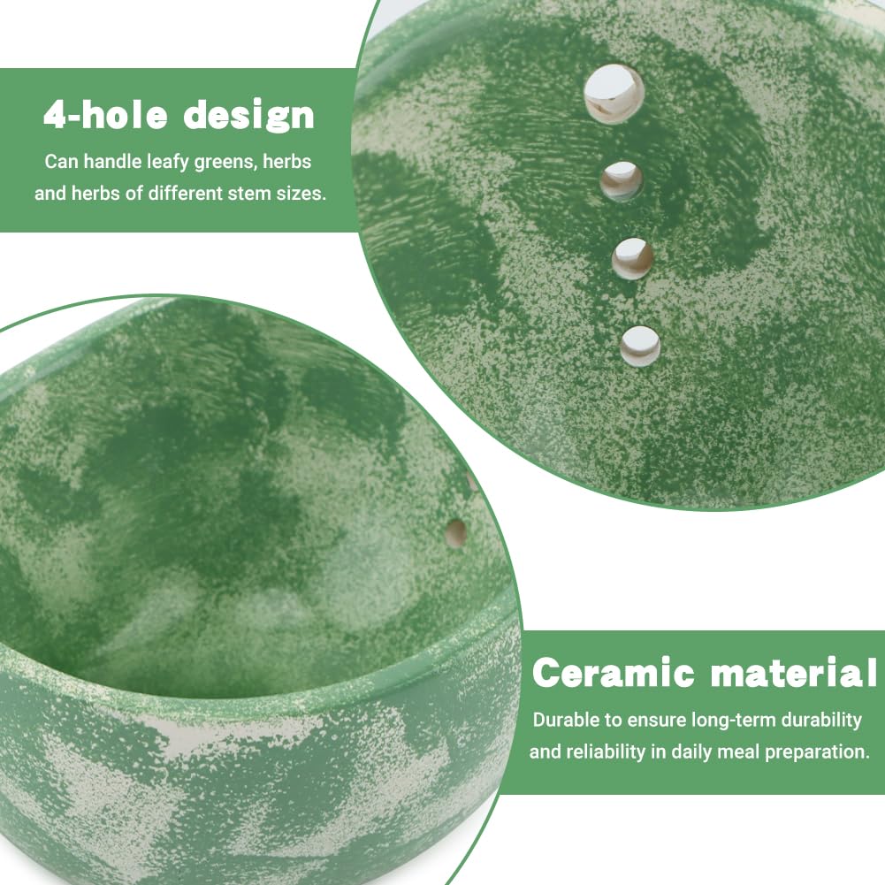 Pottery Herb Stripper Bowl, Handmade Herb Stripper Ceramic Bowl with 4-Slot Different Hole Sizes for Kale, Herbs & Broccoli, Efficient Peeling Off the Leafy Assembly(Green)