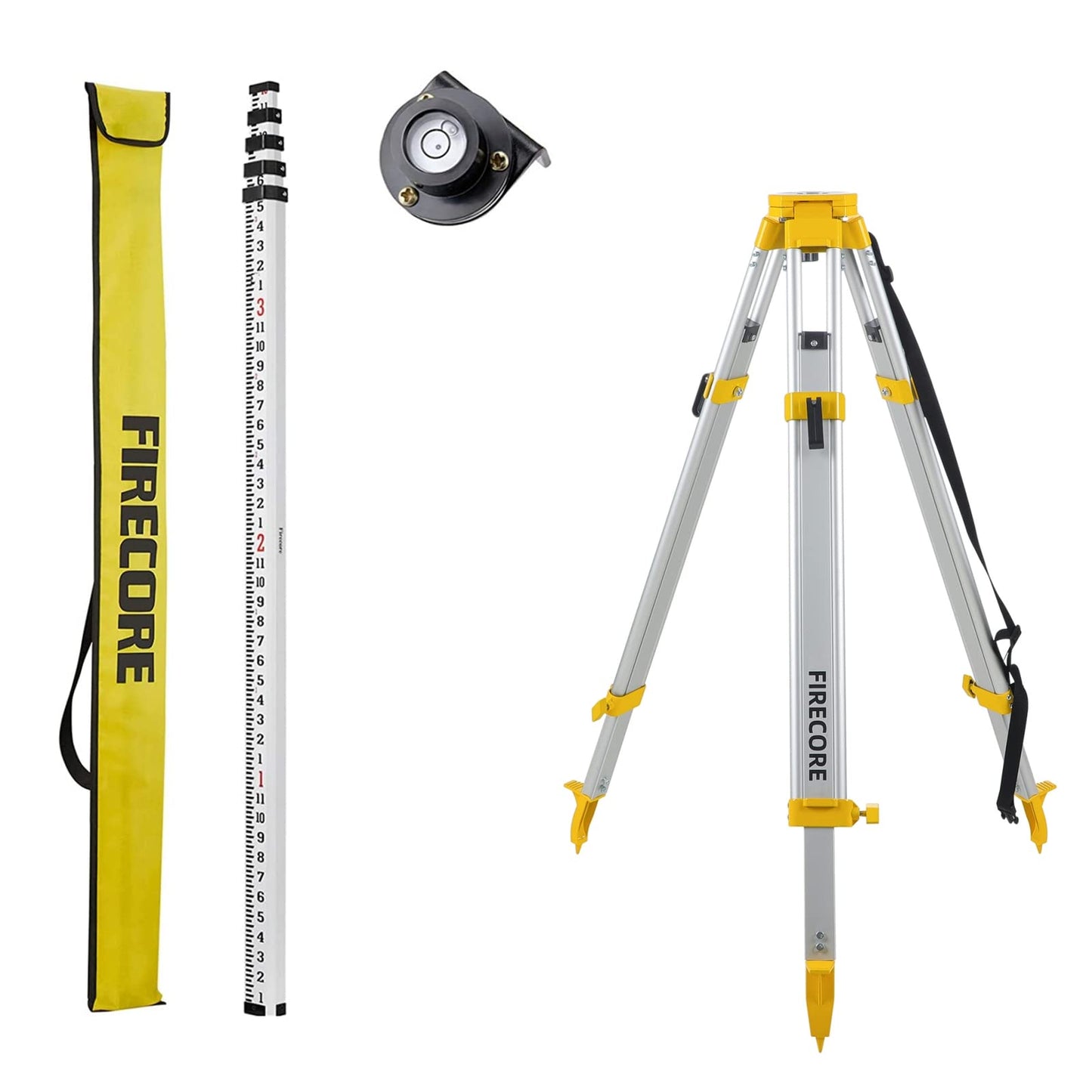 Firecore 16 Ft Aluminum Grade Rod & Heavy Duty Aluminum Survey Tripod with 5/8" - 11 Thread Flat Head Quick Clamp for Rotary Laser Optical Transit Level Theodolites