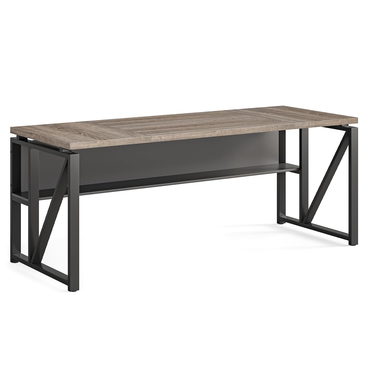 LITTLE TREE 63-Inch Executive Office Desk, Large Computer Desk with Storage Shelf, Executive Desk with Metal Frame, Study Writing Desk Work Station for Home Office, Grey + Black