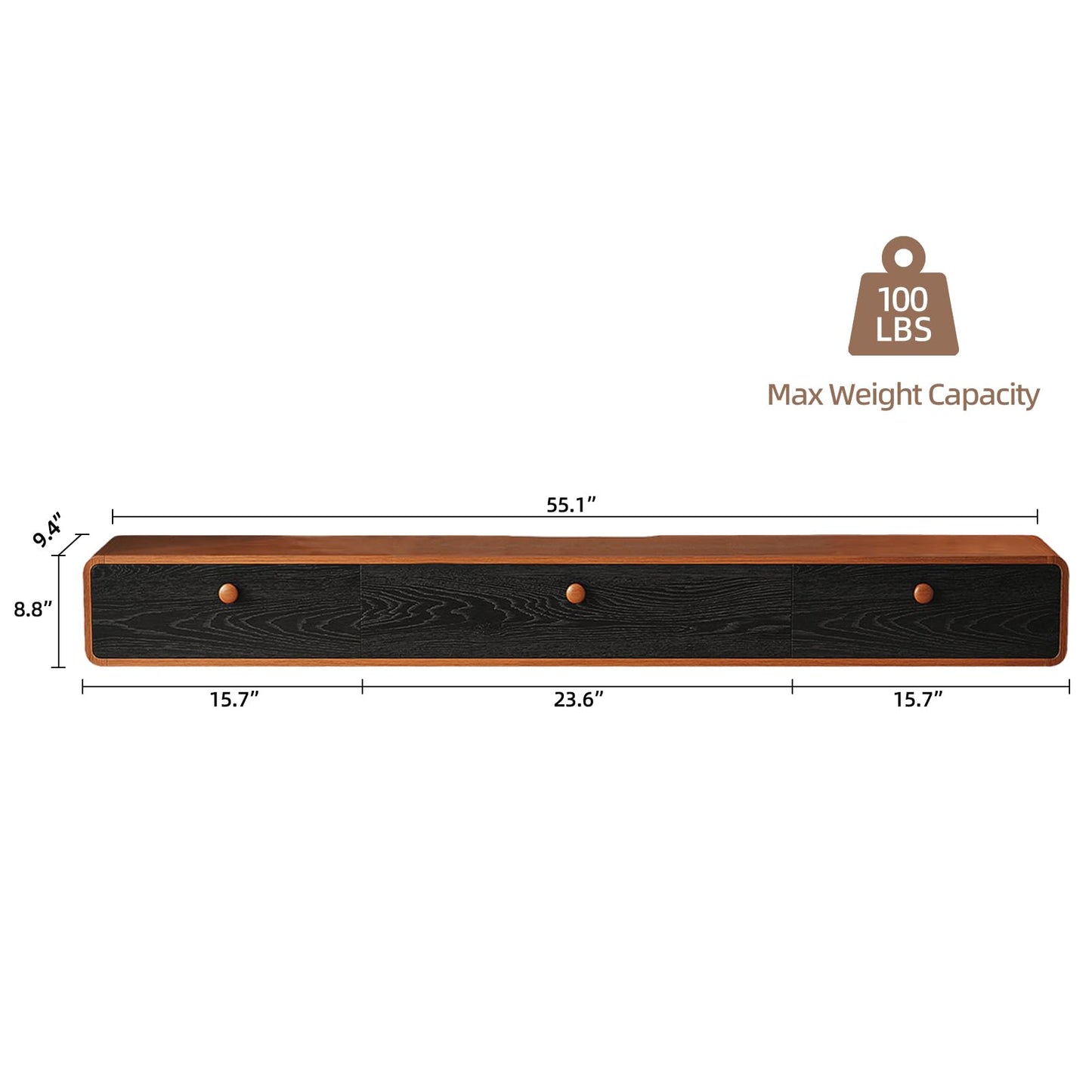 FurniNova Floating TV Console with 3 Doors,Natural Wood Veneer Wall Mounted TV Shelf,Floating Entertainment Center Media Console with Storage for Living Room Bedroom,55inch Walnut