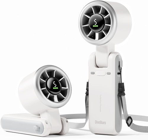 Diveblues Portable Handheld Turbo Fan - 5 Speed Battery Operated Cooling Fan | Up to 12 Hours of Use - Silver White