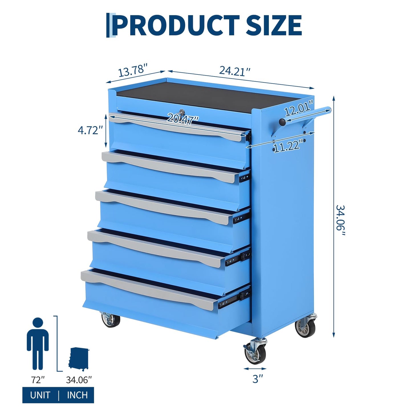 SierraSquad 5-Drawer Rolling Tool Chest with Lock, Tool Cabinet on Wheels, Includes Drawer Liners, Latch System & Link Buckle,Can Be Combined to Large Cabinet Set for Garage Workshop Storage,Blue