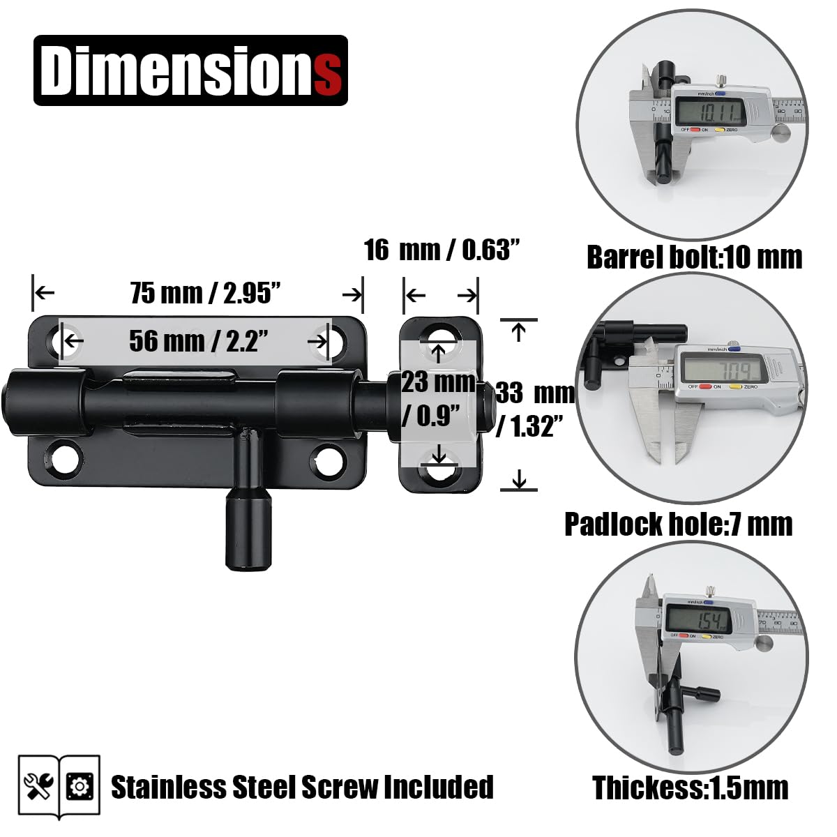 JQK Door Security Slide Latch Lock Barrel Bolt, 304 Stainless Steel Sliding Gate Latches Thickened 1.4mm with Padlock Hole, Black, 4 Pack HBB120-BK-P4