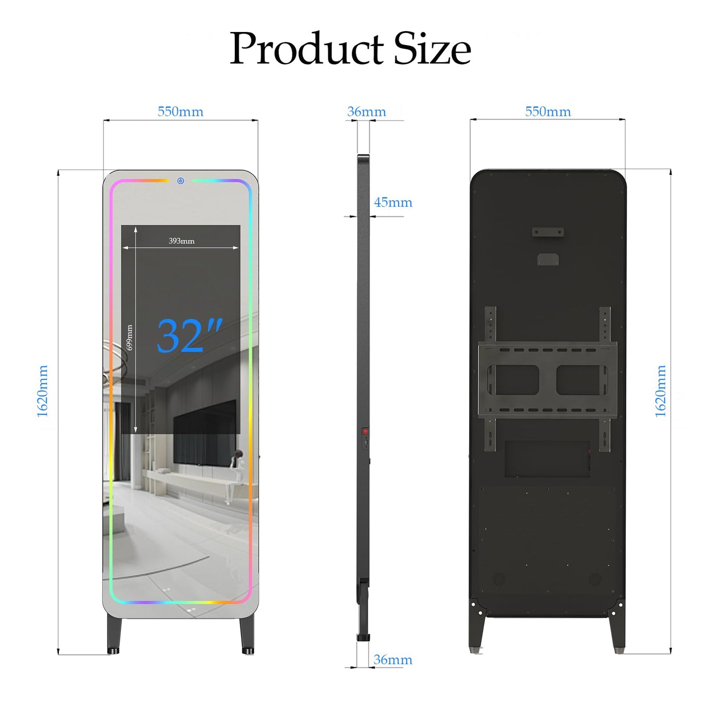 Smart Gym Mirror for Home Workout | 32" HD Touch-Screen Andriod 12 OS | 61" Reflective Surface | No VIP Fees Support Various APP, Voice Control, Music Sync LED Strip Lights, for Home Gym/ Yoga/ Dance