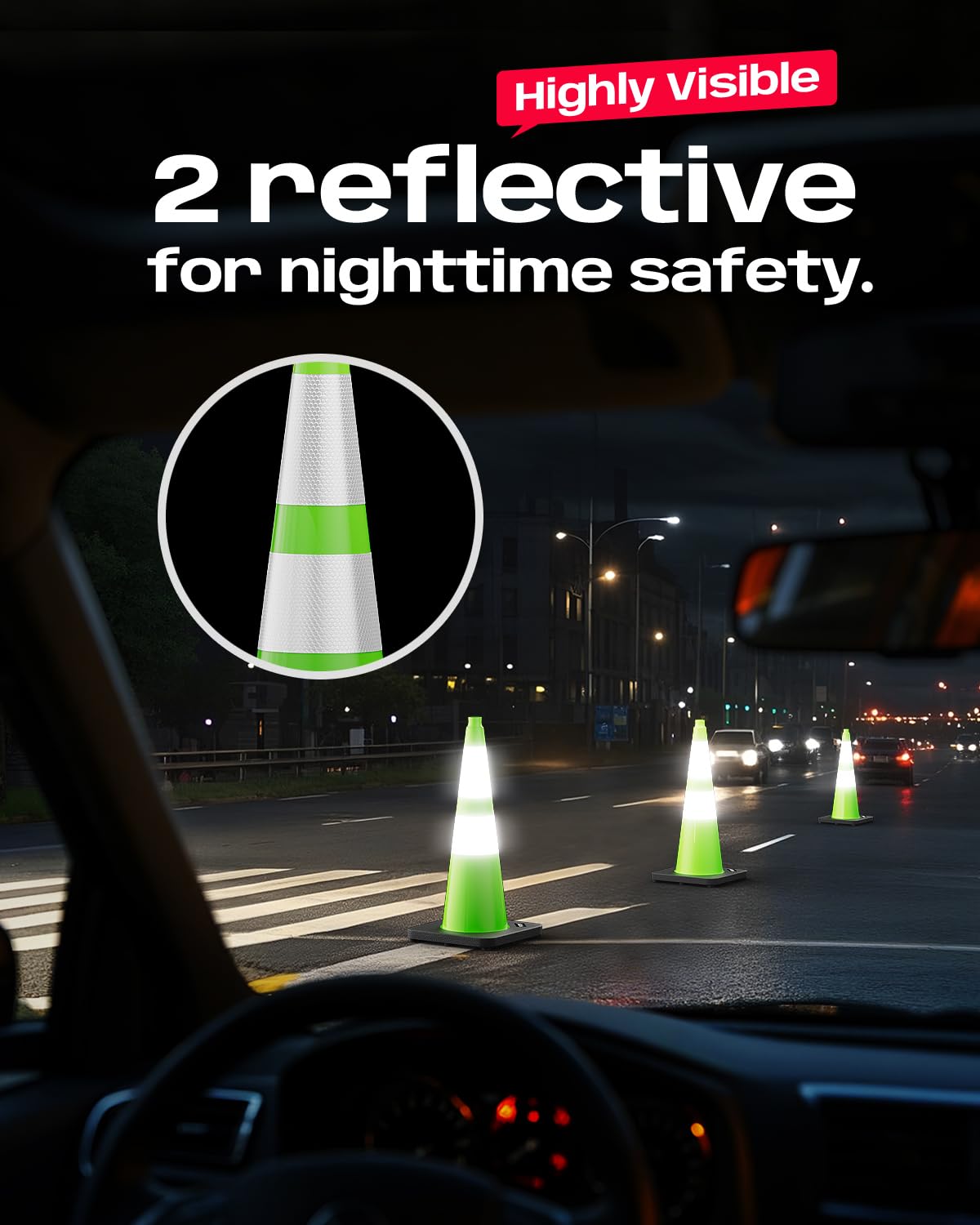 BATTIFE Traffic Cones with Black Weighted Base, PVC Safety Cones for Traffic Control, Construction Events, Driveways, and Parking Lots (28 Inch, Green, 6 Pack)