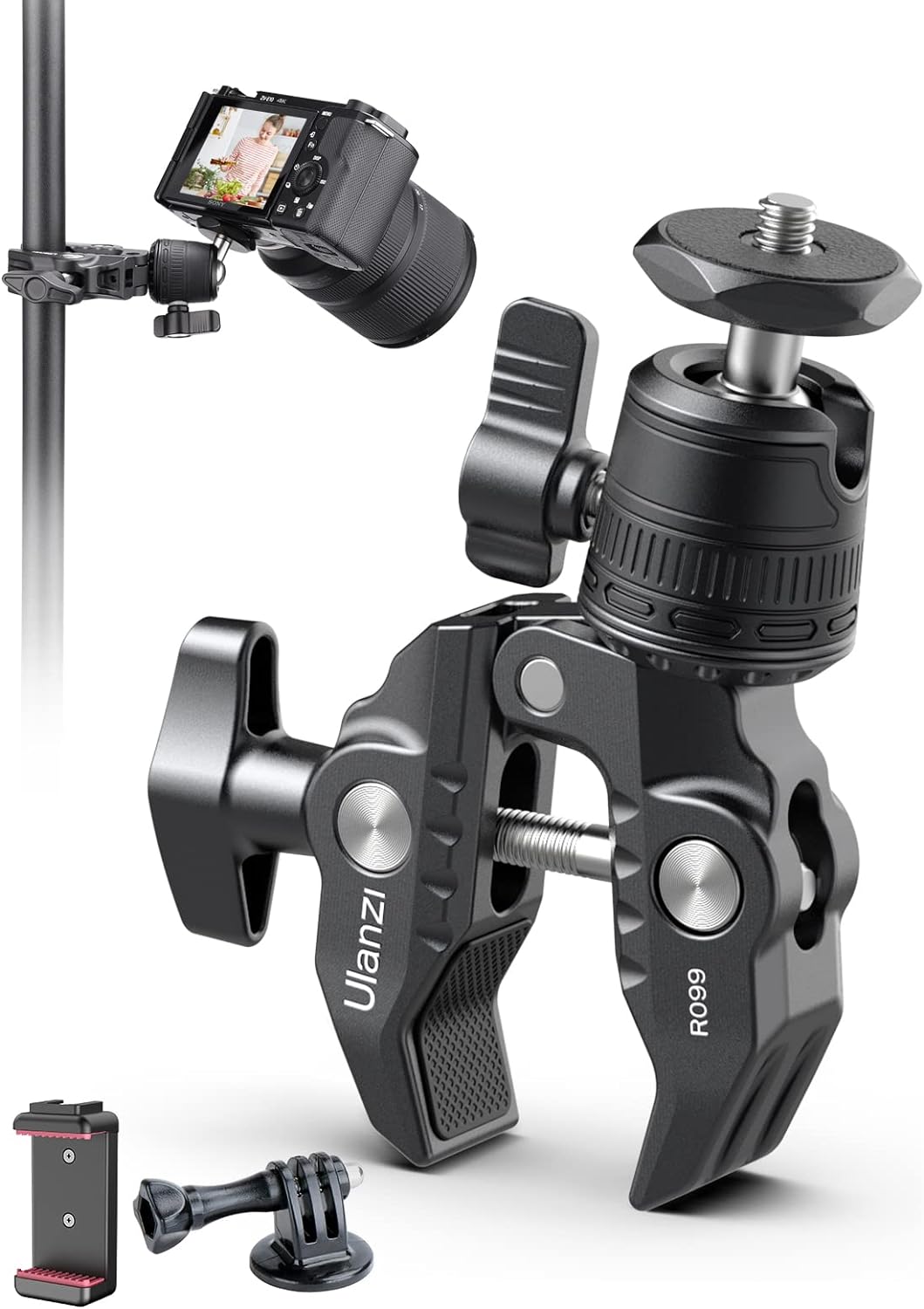 ULANZI Select R099 3.3lb 360 (GoPro/Insta360/DJI), ULANZI Super Clamp Camera Mount - Heavy Duty Load Metal Clamp