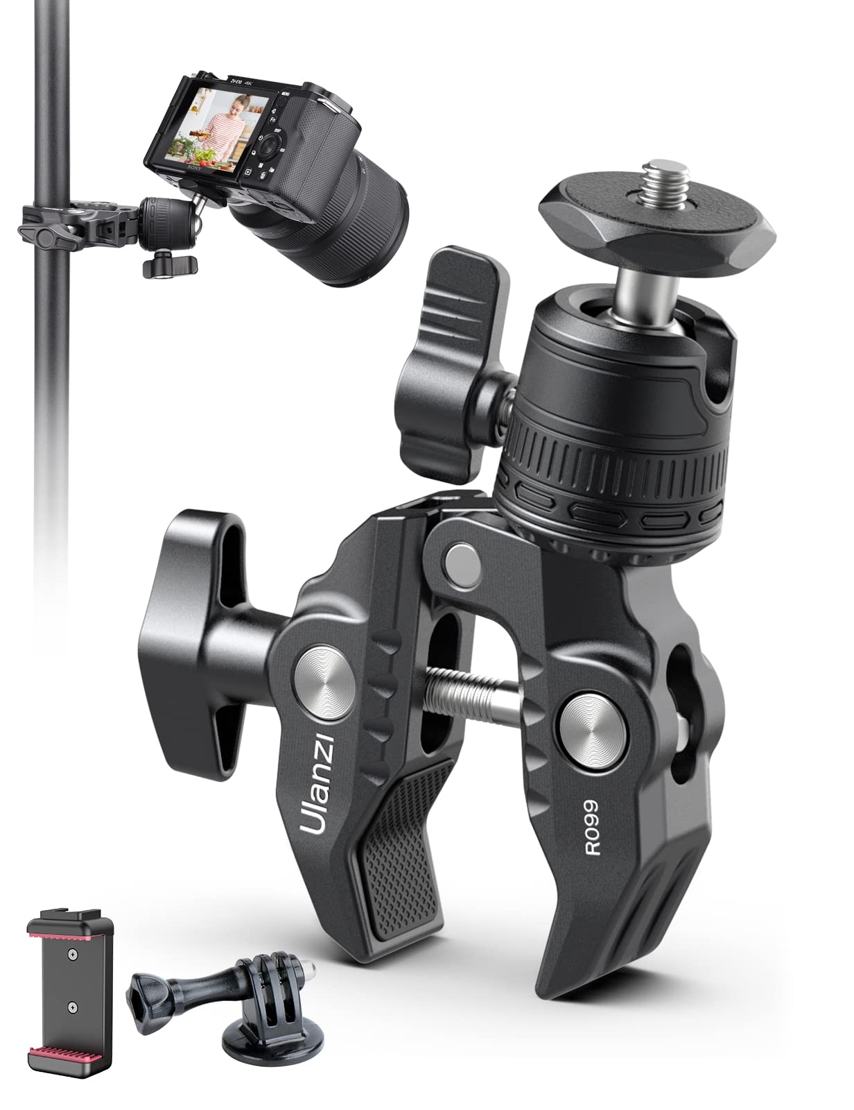 ULANZI R099 Super Clamp Camera Mount - Heavy Duty 3.3lb Load Metal Clamp with 360° Ball Head for Action Cameras (GoPro/Insta360/DJI), DSLR, Bike/Motorcycle Handlebar, Pole/Tube Mount Accessories