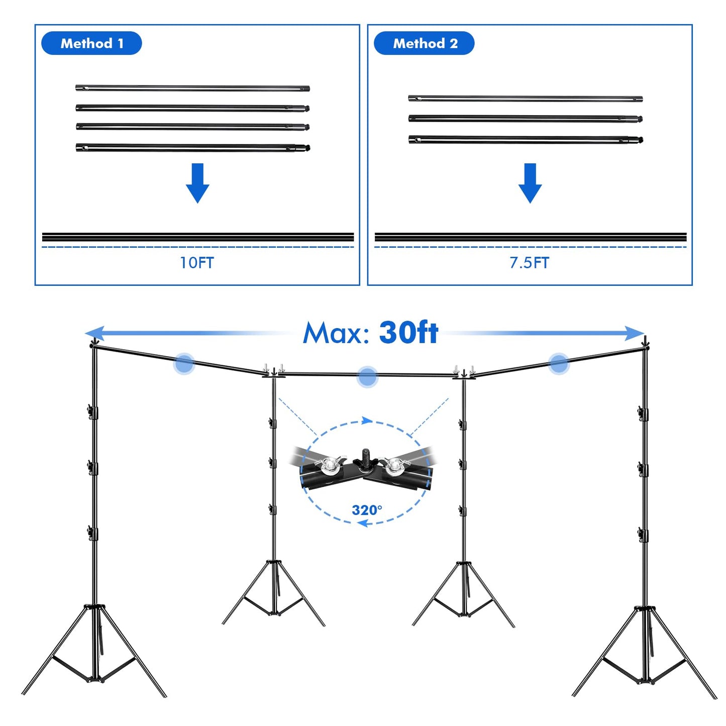 SLOW DOLPHIN Photo Video Studio 30ft (Wide) x 10ft (Tall), Degree Crossbar Rotatable, Angle Adjustable Triple Crossbar Extender Mount, Photography Background Support System, Sand Bags,Clamps