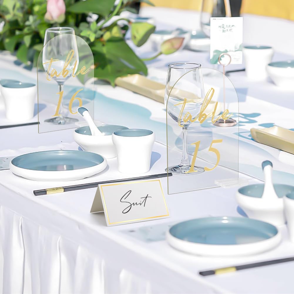 30 Sets Arch Wedding Table Numbers with Stands Gold Printed 1-30 Table Signs Clear Acrylic Table Number Display Stand for Wedding Reception Party Centerpieces Decor (4 x 6 Inch)