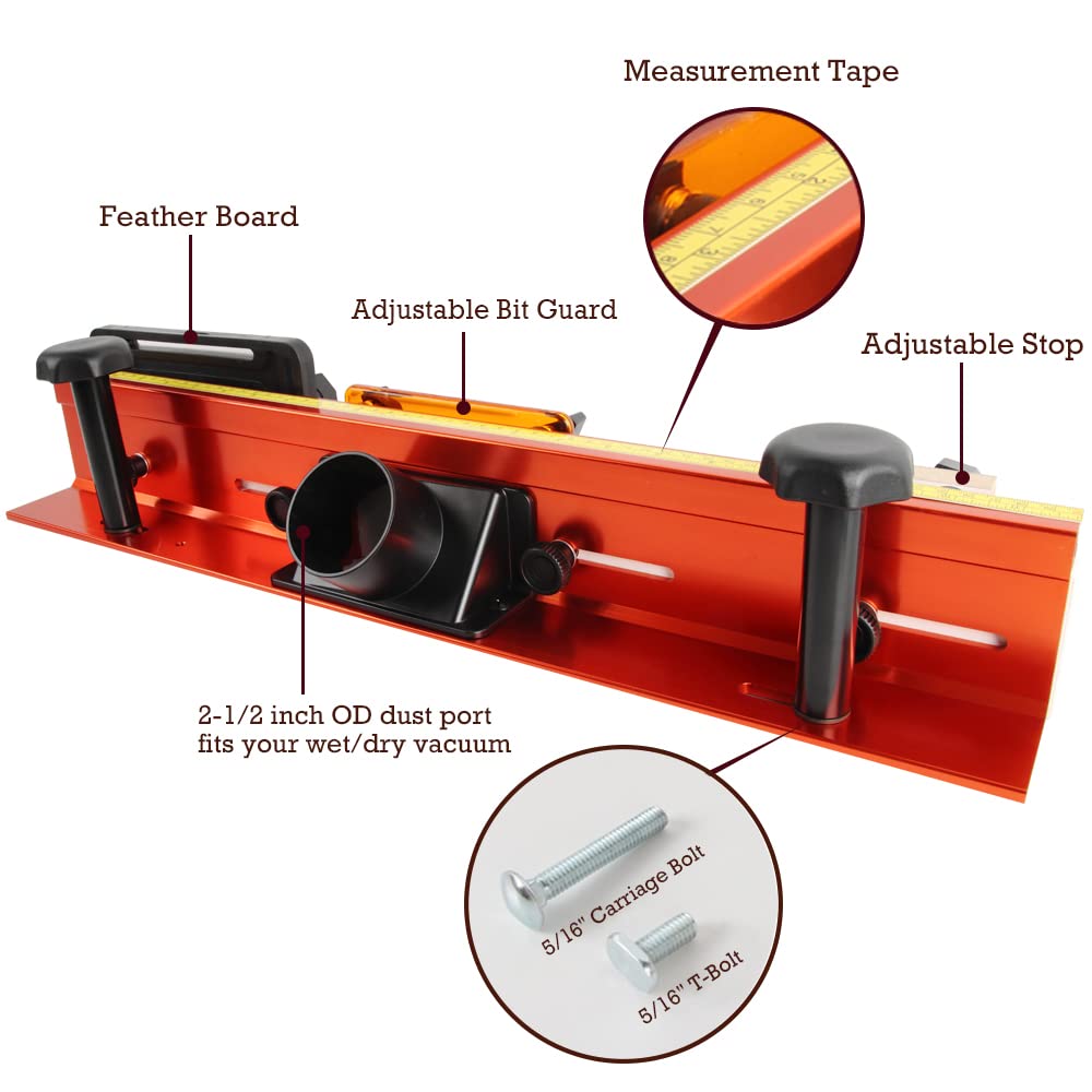 O'SKOOL 32 Inches Long Router Table Fence System with Feather Board, Bit Guard, Adjustable Stop and Dust Port