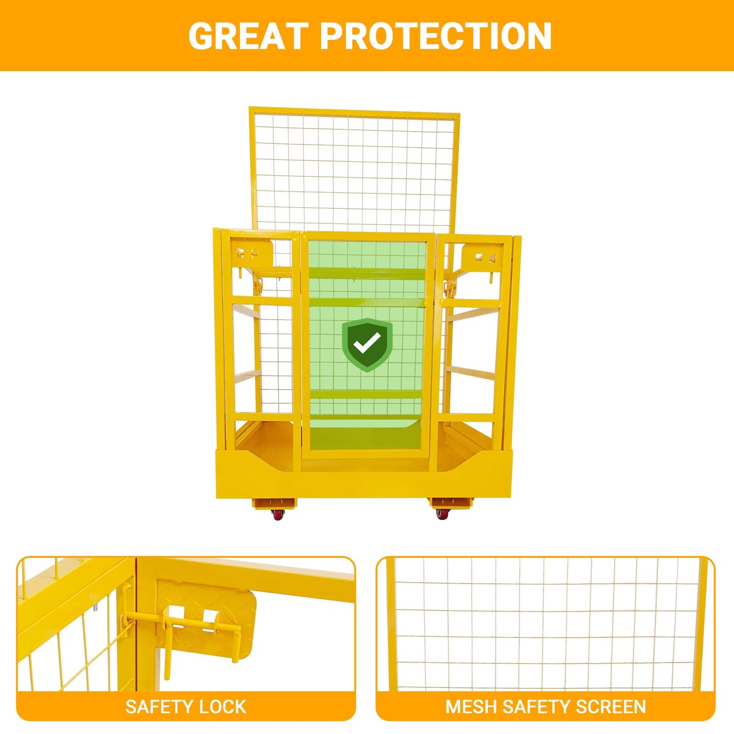 1400LBS Capacity Forklift Safety Cage with Lockable Swivel Wheels - 43"x45" Forklift Man Basket with Safety Harness - Collapsible Lift Basket