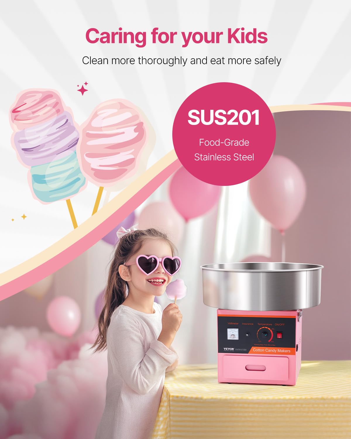 VEVOR Electric Cotton Candy Machine, 1000W Commercial Floss Maker w/Stainless Steel Bowl, Sugar Scoop and Drawer, Perfect for Home, Carnival, Kids Birthday, Family Party, Pink
