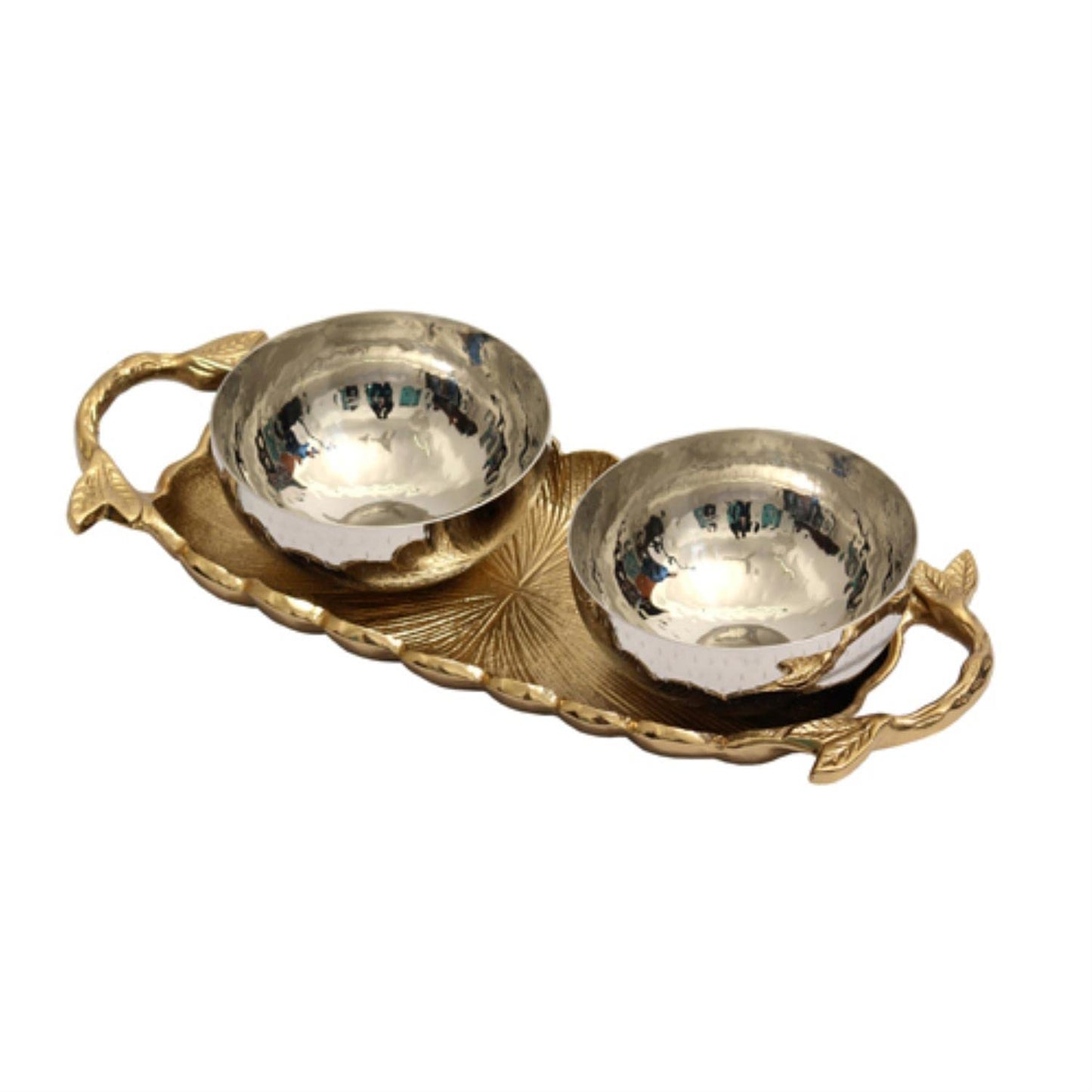 IHI EST. 1986 India Handicrafts Leaf Gold Tone 12 inch Metal Tray With Bowls 3 Piece Set