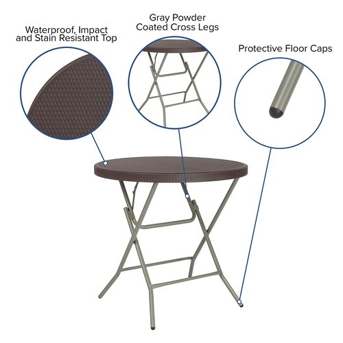 Flash Furniture Trellis Commercial Grade 2.6-Foot Round Brown Rattan Plastic Folding Table