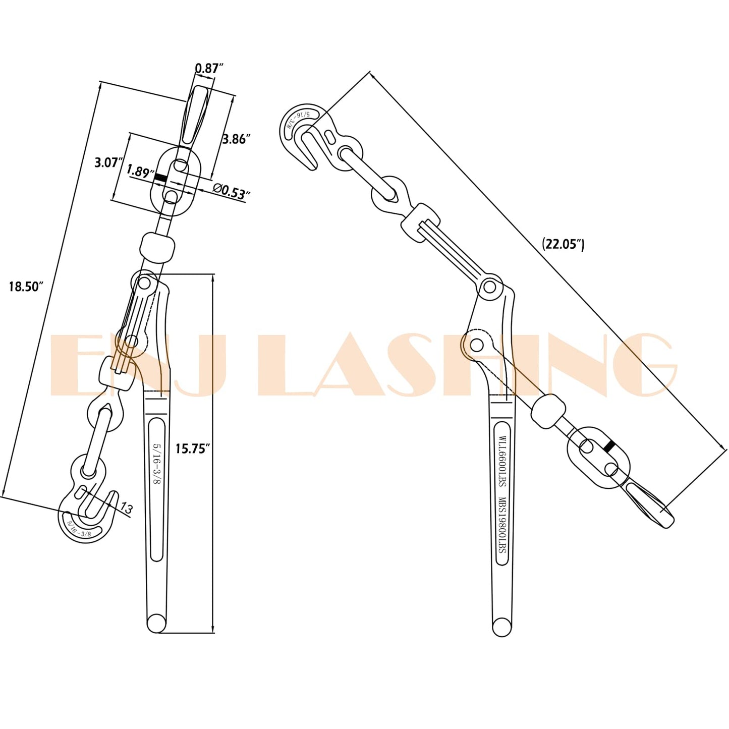 ENJ 4 Pack Lever Load Binder with 2 Grab Hooks, for 5/16 Or 3/8 Grade 70 Transport Chain, Lever Binder with 5,400 Pound Working Load Limit,