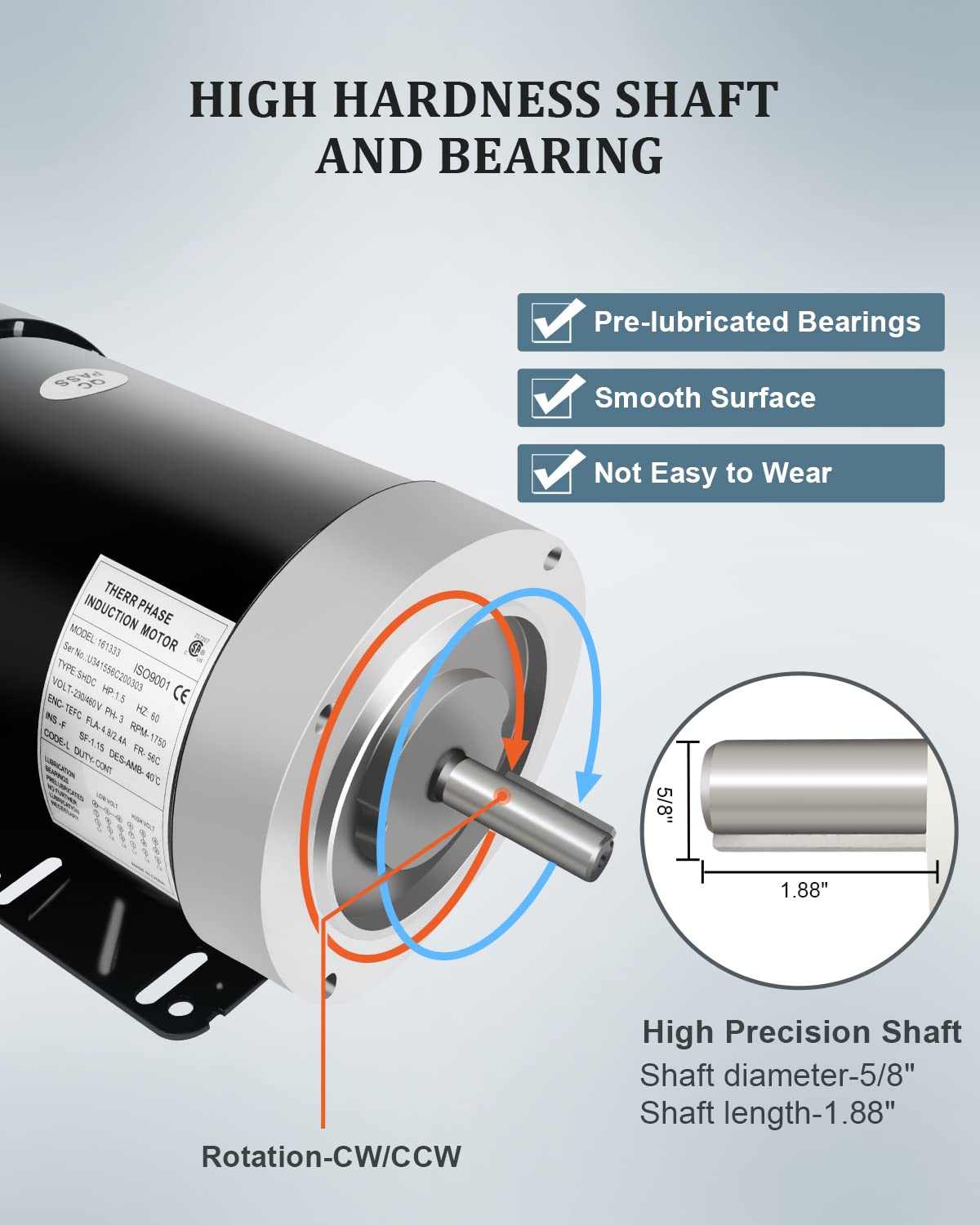 Electric Motor 1.5HP, Air Copmpressor Motor, 1750 RPM General Purpose Motor, Three Phase Motor 5/8" Shaft Diameter 56C TEFC 230/460V