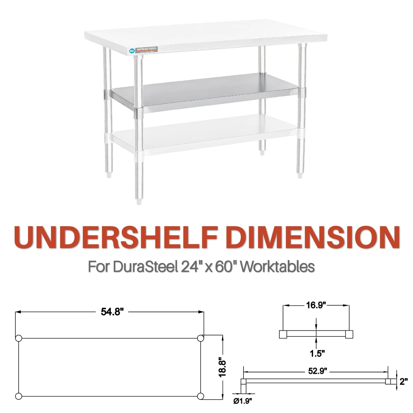 DuraSteel Galvanized Under Shelf for Work Tables - Extra Adjustable Lower Shelf for 24" x 60" Stainless Steel and Wooden Worktables - Fits for use in Restaurant, Warehouse, Home, Kitchen, Garage