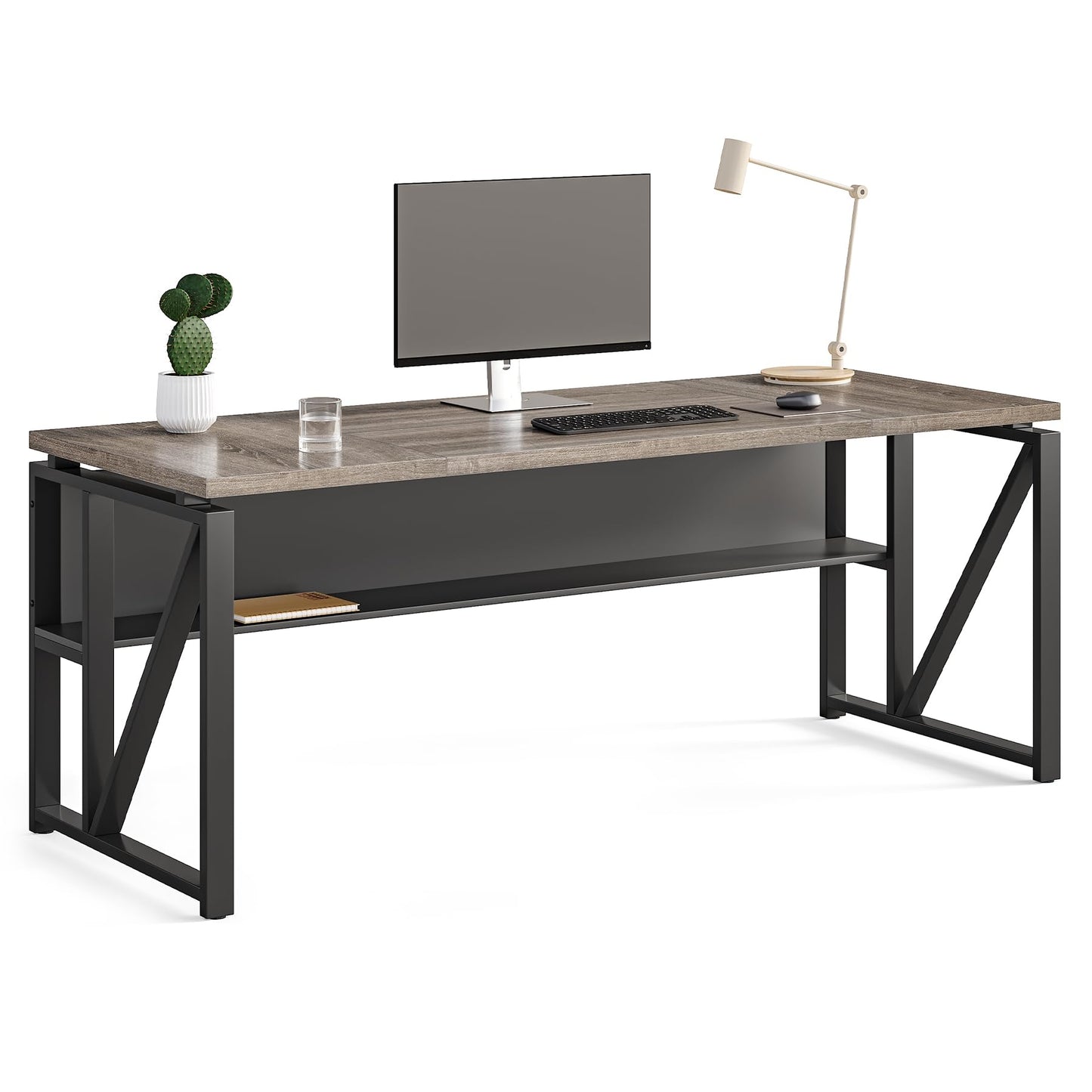 LITTLE TREE 63-Inch Executive Office Desk, Large Computer Desk with Storage Shelf, Executive Desk with Metal Frame, Study Writing Desk Work Station for Home Office, Grey + Black