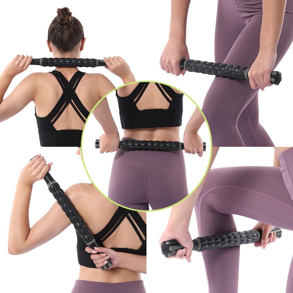 MZDXJ Muscle Roller Massage Roller Stick- Deep Tissue Fascia Blaster for Myofascial Pain Relief, Lymphatic Drainage & Body Sculpting, Handheld Physical Therapy & Recovery Tool (Gray black-18 inch)