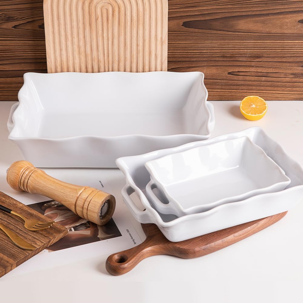 Sweejar Casserole Dishes - Ceramic Bakeware Set of 3 with Handles | Rectangular Wave Edge Lasagna Pan (White)