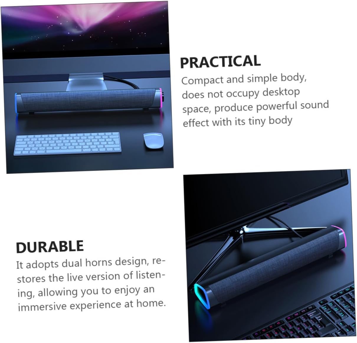 Gatuida 3D Wired Soundbar Speakers for Desktop Black Surround Sound Audio System Dual Drivers USB Powered Compatible