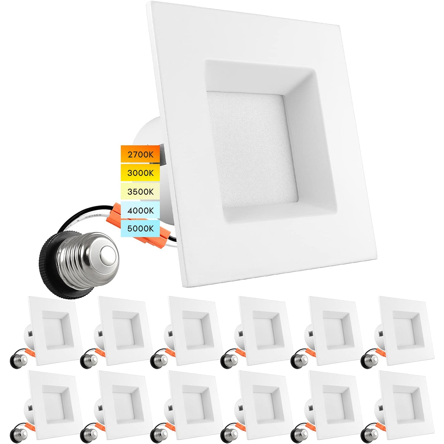 LUXRITE 12 Pack 4 Inch Square Recessed LED Can Lights, CCT Color Temperature Selectable 2700K | 3000K | 3500K | 4000K | 5000K, Dimmable Recessed Lights, 750 Lumens, CRI 90, Energy Star, Wet Rated