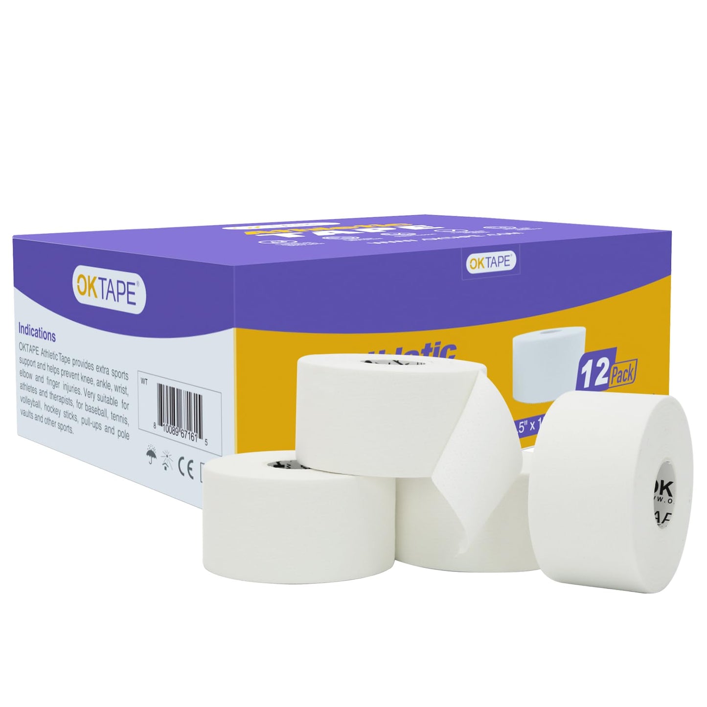 OK TAPE Athletic Sports Tape Bulk（12-Rolls) -180yds Very Strong Tape for Athlete & Sport Trainers & First Aid Injury Wrap, Perfect for Fingers Ankles Wrist on Bat, Hockey Stick - White