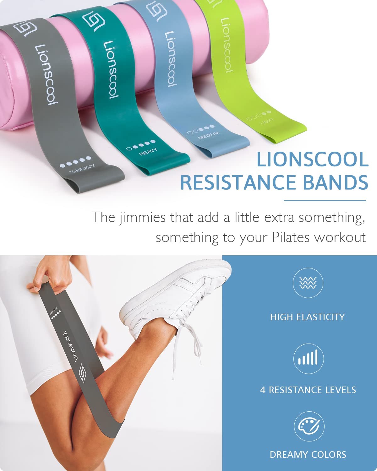 LIONSCOOL Pilates Ring Set (Black) - 14" Anti-Deformation Magic Circle with Padded Handles, 9" Mini Ball, Elastic Latex Resistance Bands, Guide & Bag