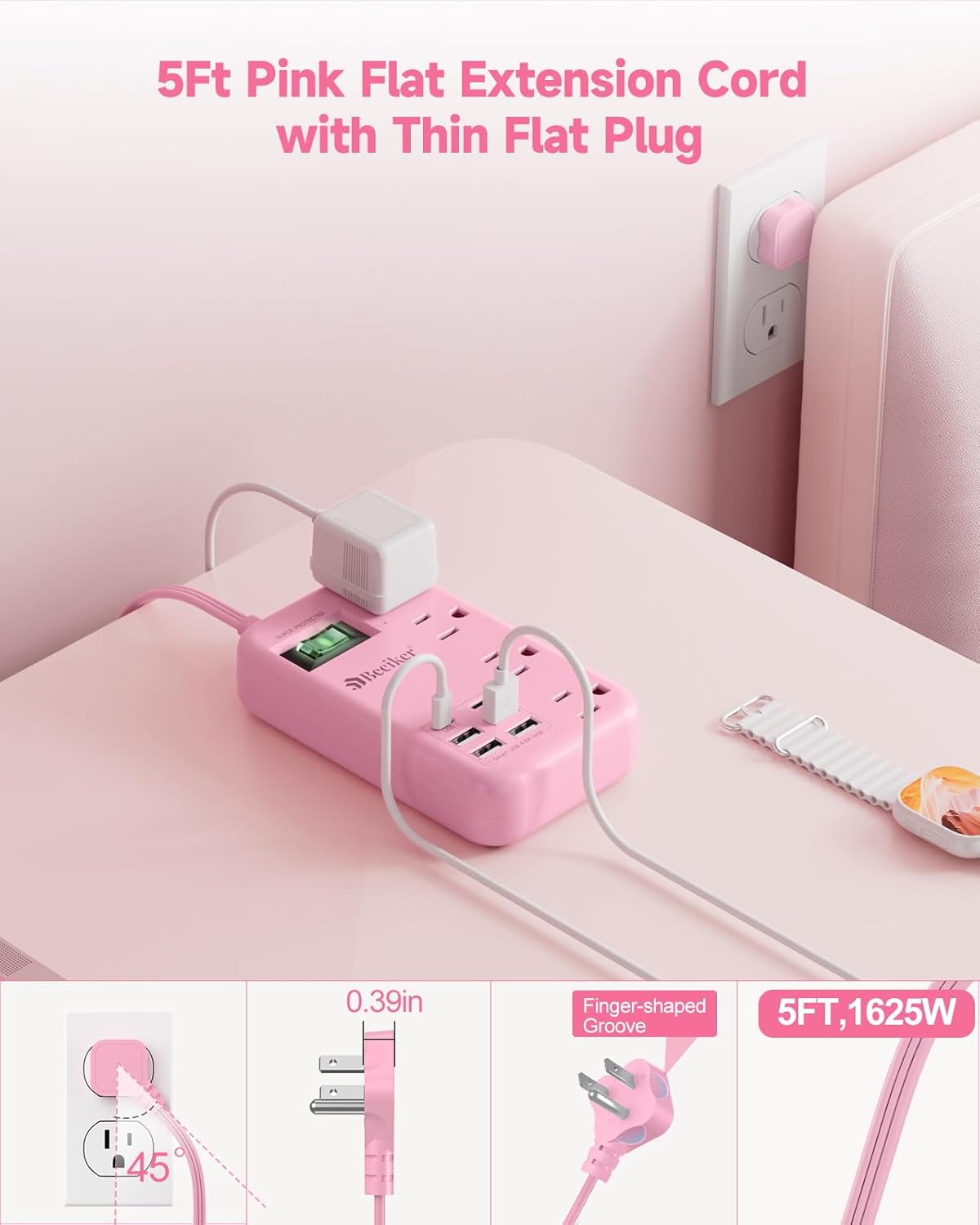 Beeiker 6 USB(2 5Ft 24W 4 USB C) Pink Extension Cord- Travel Power Strip with USB Charging Station and Outlets, Pink