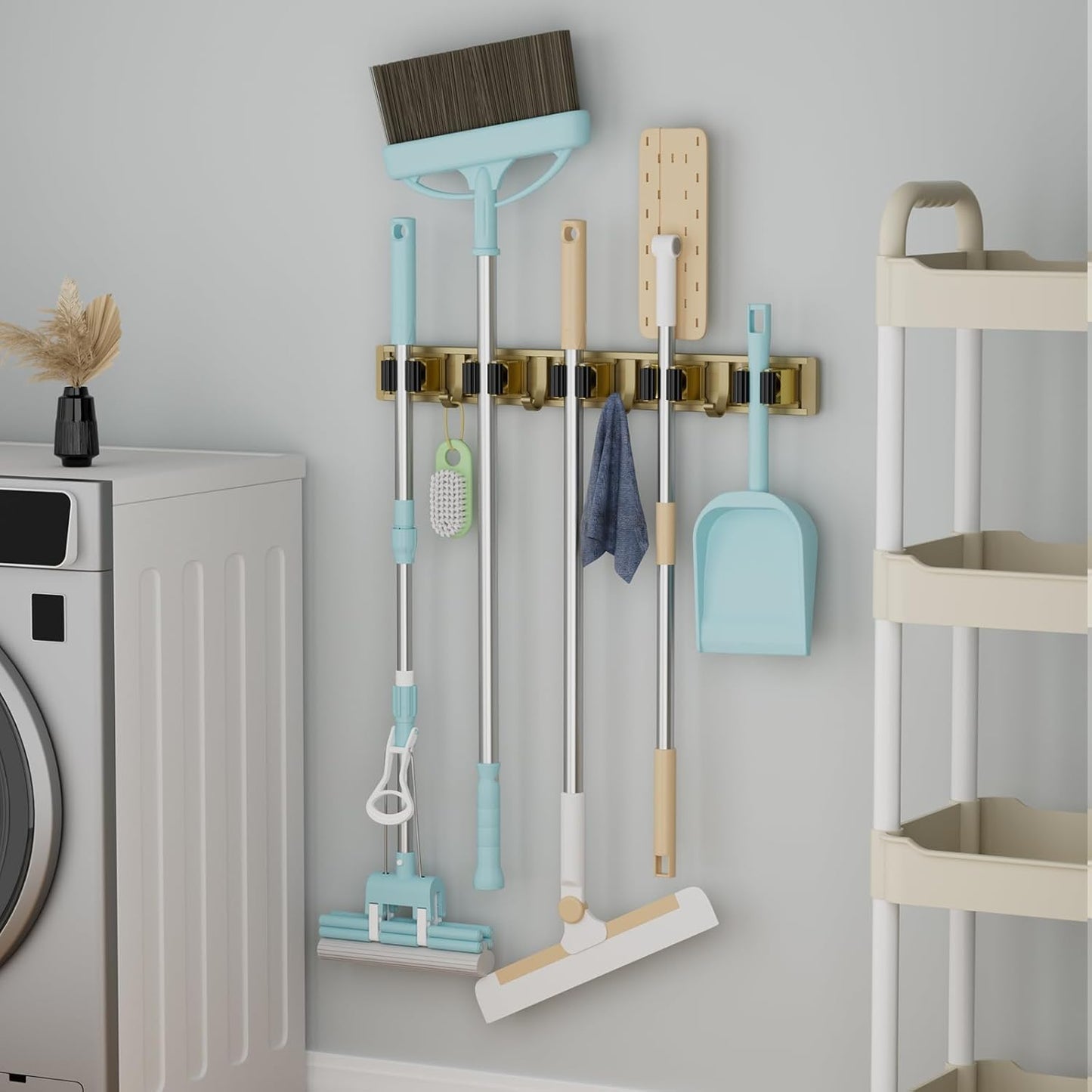 Reliahom Broom Holder Wall Mount - 5 Racks & 4 Hooks for Efficient Mop Storage | Garage, Kitchen, Garden Organizer