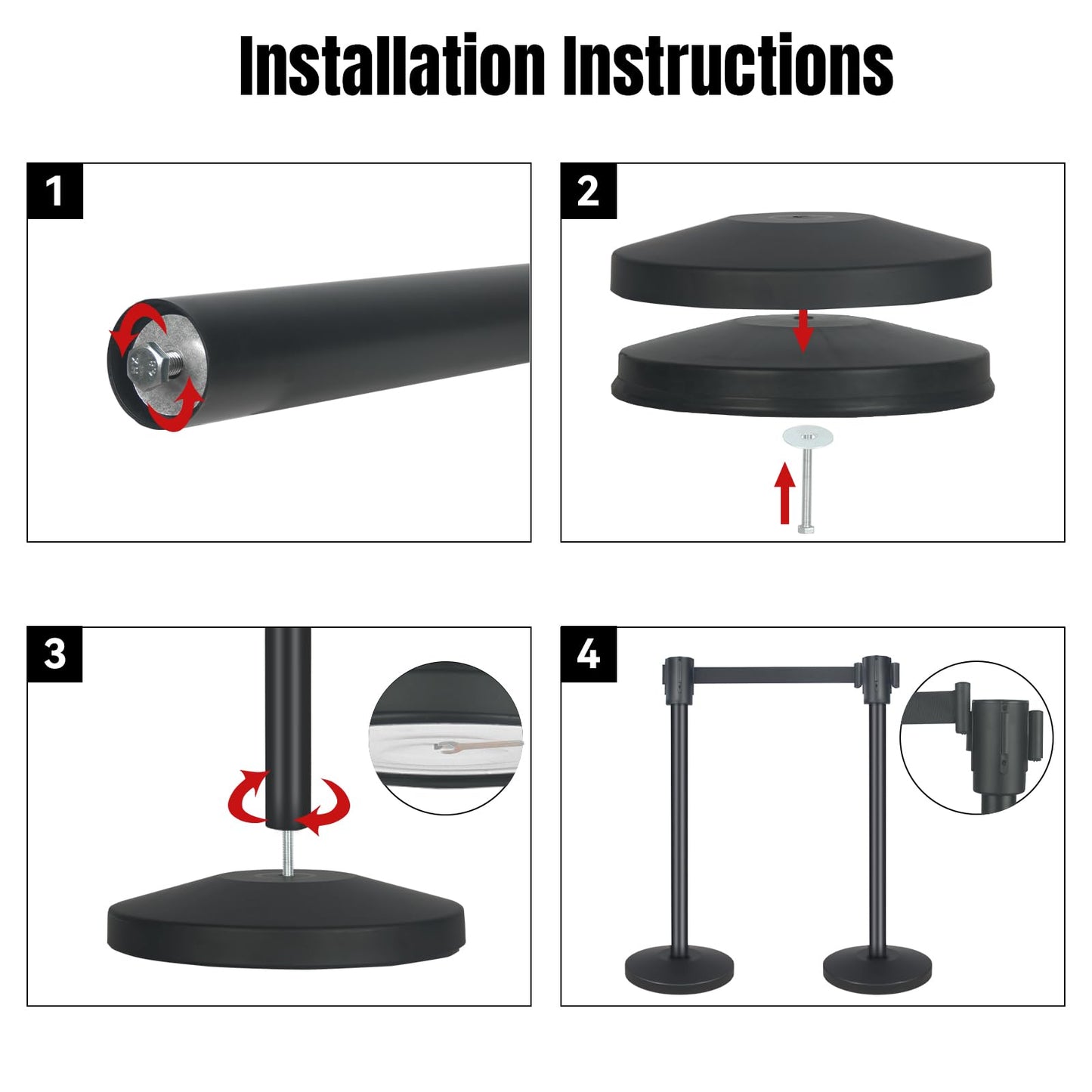 QKA Crowd Control Barriers with 16.4' Retractable Belt 2Pack Stainless Steel Stanchion Posts Queue Line Pole Stanchions, Black