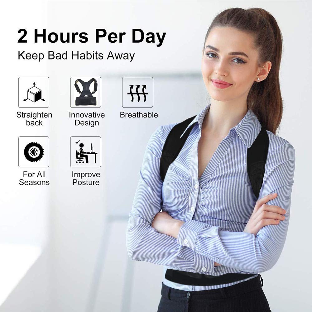 Thoracic Back Brace Posture Corrector - Magnetic Support for Neck Shoulder Upper and Lower Back Pain Relief - Perfect Posture Brace for Cervical Lumbar Spine - Fully Adjustable Belt (Black, XX-Large)