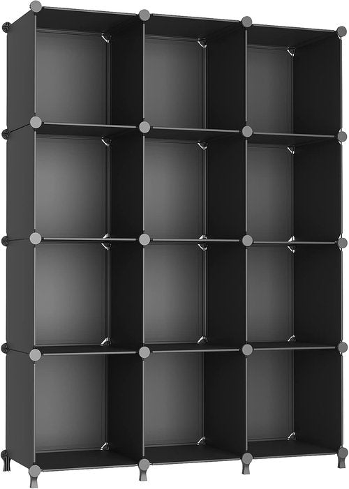 AWTATOS Cube Storage Organizer - Stackable 12-Cube Plastic Shelves for Closet & Home - Black