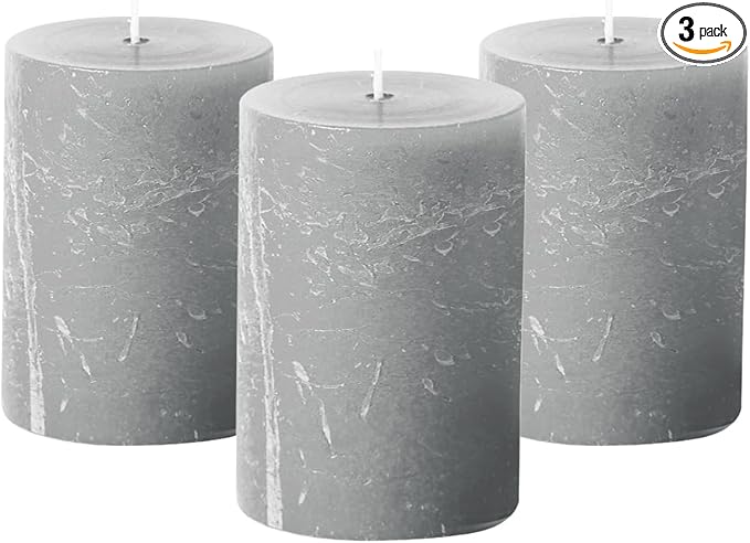 Simply Soson 3x4 inch Grey Pillar Candles Set of 3, Rustic Texture, Unscented Grey Candles, Dripless Candles, 3 inch Pillar Candles Ideal as Wedding, Parties, Spas, Dinner, Home Decoration, Church